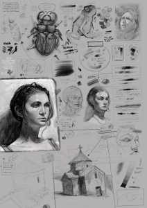 Digital sketchbook page journal filled with drawings, artworks, sketches, notes focused on study and practice