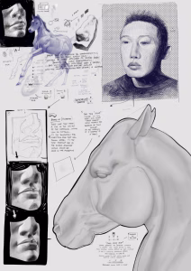 Digital sketchbook page journal filled with drawings, artworks, sketches, notes focused on study and practice