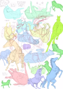 Digital sketchbook page journal filled with drawings, artworks, sketches, notes focused on study and practice