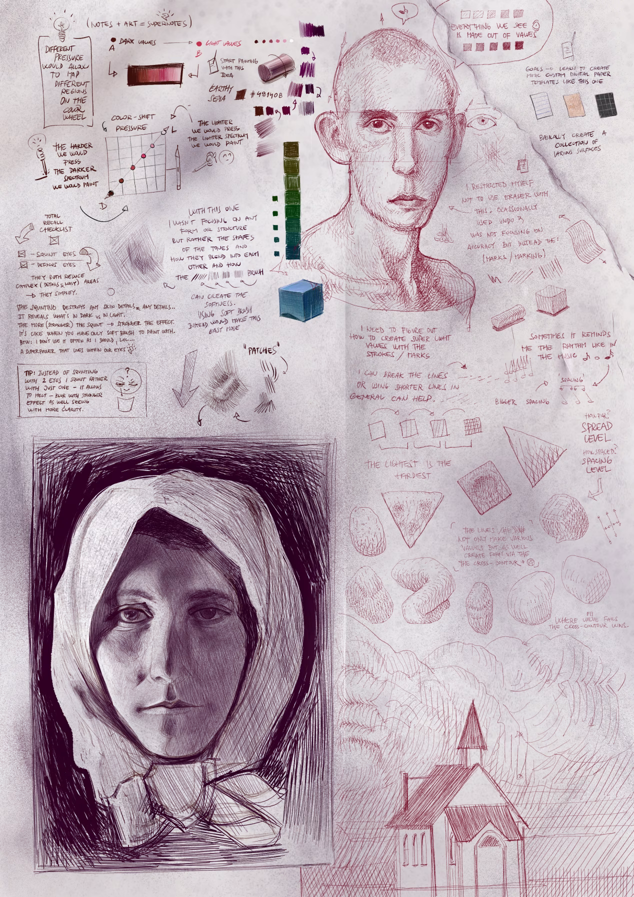 Digital sketchbook page journal filled with drawings, artworks, sketches, notes focused on study and practice