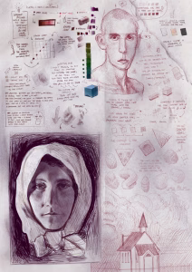 Digital sketchbook page journal filled with drawings, artworks, sketches, notes focused on study and practice