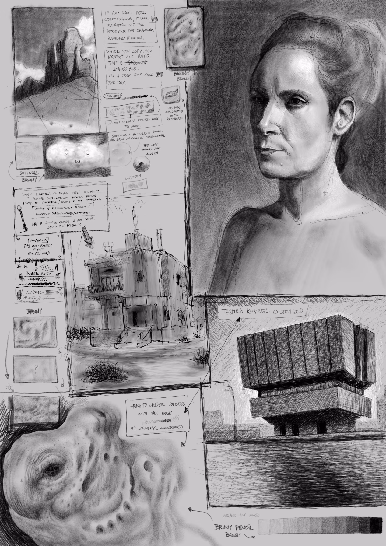 Digital sketchbook page journal filled with drawings, artworks, sketches, notes focused on study and practice