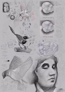 Digital sketchbook page journal filled with drawings, artworks, sketches, notes focused on study and practice