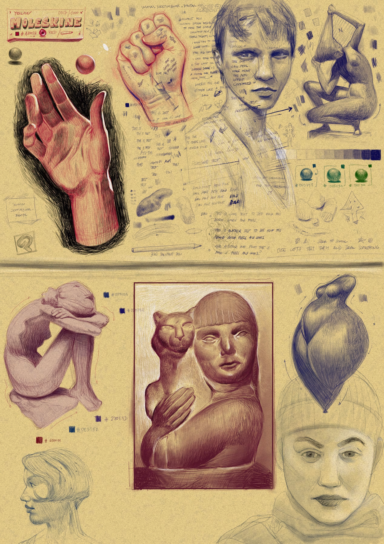 Sketchbook page filled with drawings and studies of various subjects drawn from references.