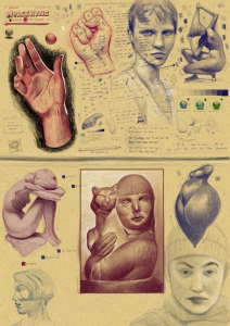 Sketchbook page filled with drawings and studies of various subjects drawn from references.