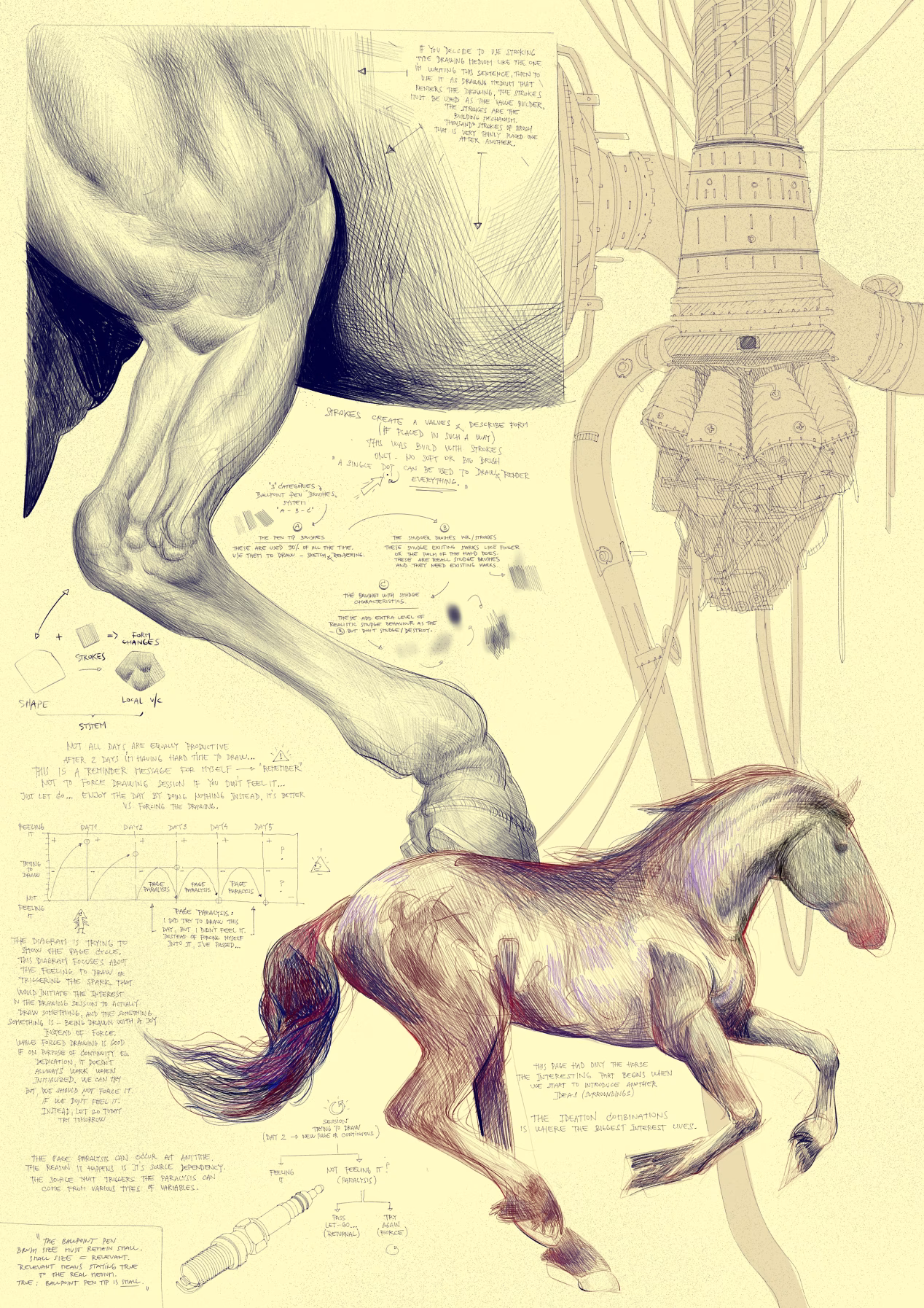 Digital sketchbook page journal filled with drawings, artworks, sketches, notes focused on study and practice